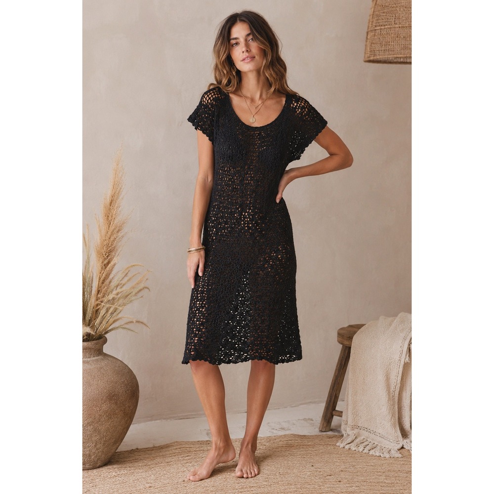 Chan Luu Black Crochet Midi Dress with Scoop Neck